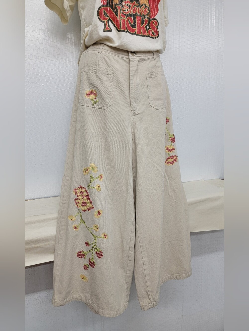 Vintage Flour Sack Cottage Grunge Wide Leg Embroidered Pants